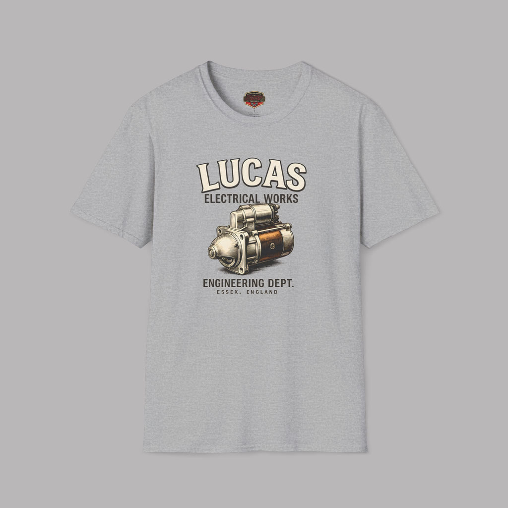 Sport gray t-shirt with Lucas Electrical Works graphic on a gray background