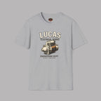 Sport gray t-shirt with Lucas Electrical Works graphic on a gray background