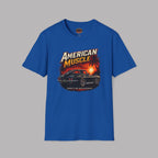 Royal blue t-shirt with 'American Muscle' car graphic design on a gray background