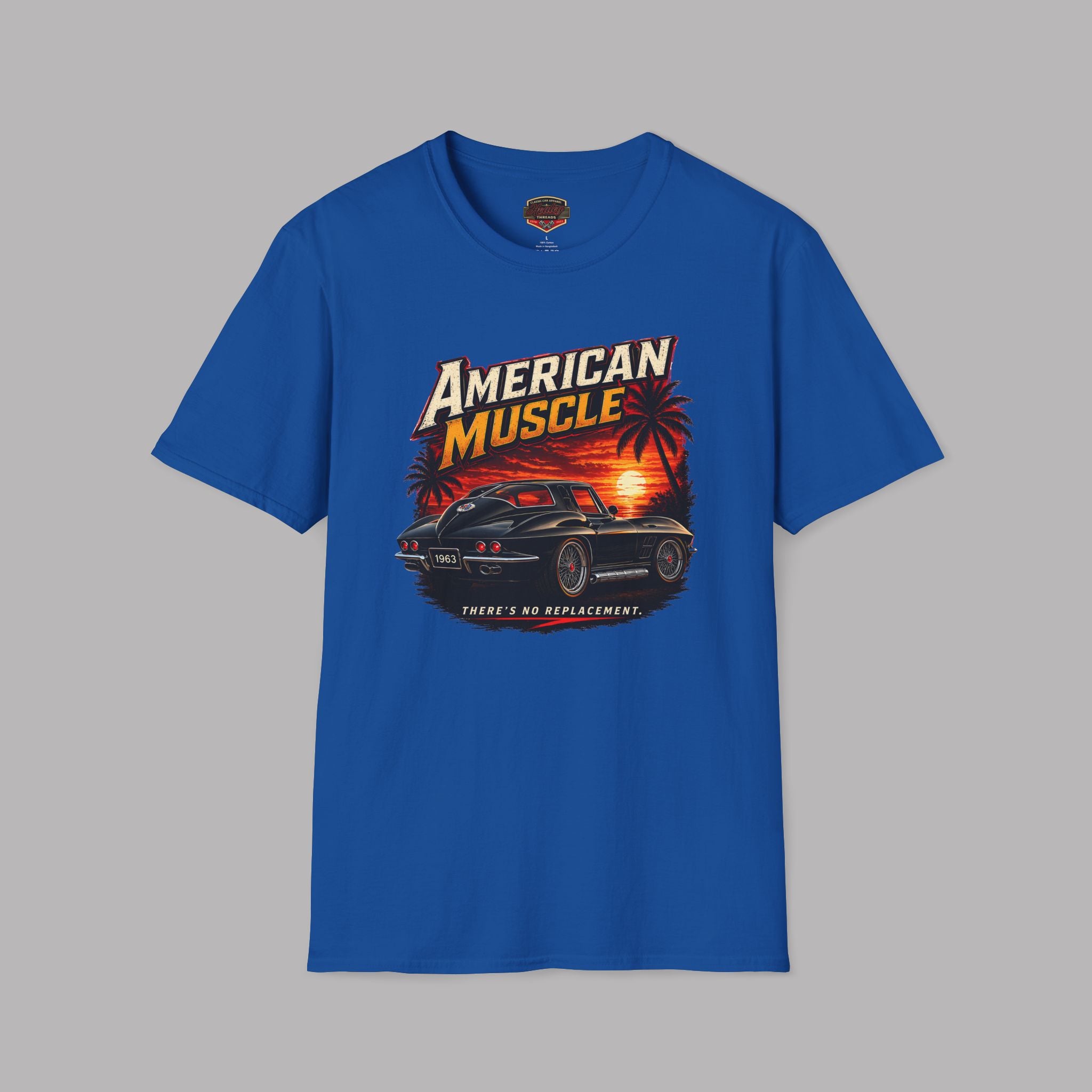 Royal blue t-shirt with 'American Muscle' car graphic design on a gray background