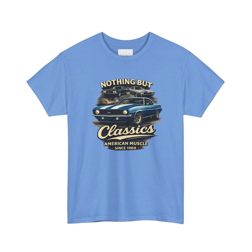 Carolina blue t-shirt with car graphic and text on a white background