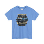 Carolina blue t-shirt with car graphic and text on a white background
