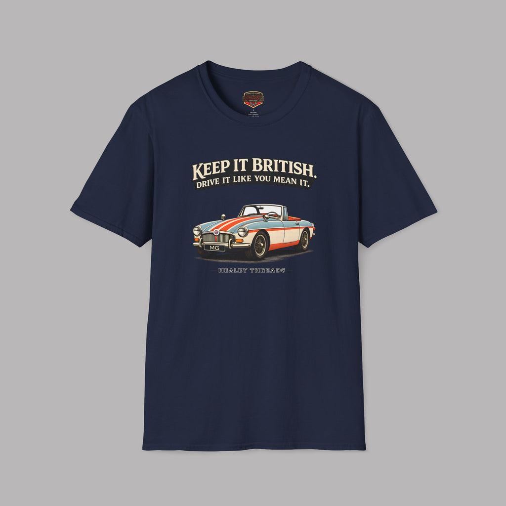 Navy blue t-shirt with a graphic of a classic MGB car and text on a gray background 