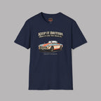 Navy blue t-shirt with a graphic of a classic MGB car and text on a gray background 