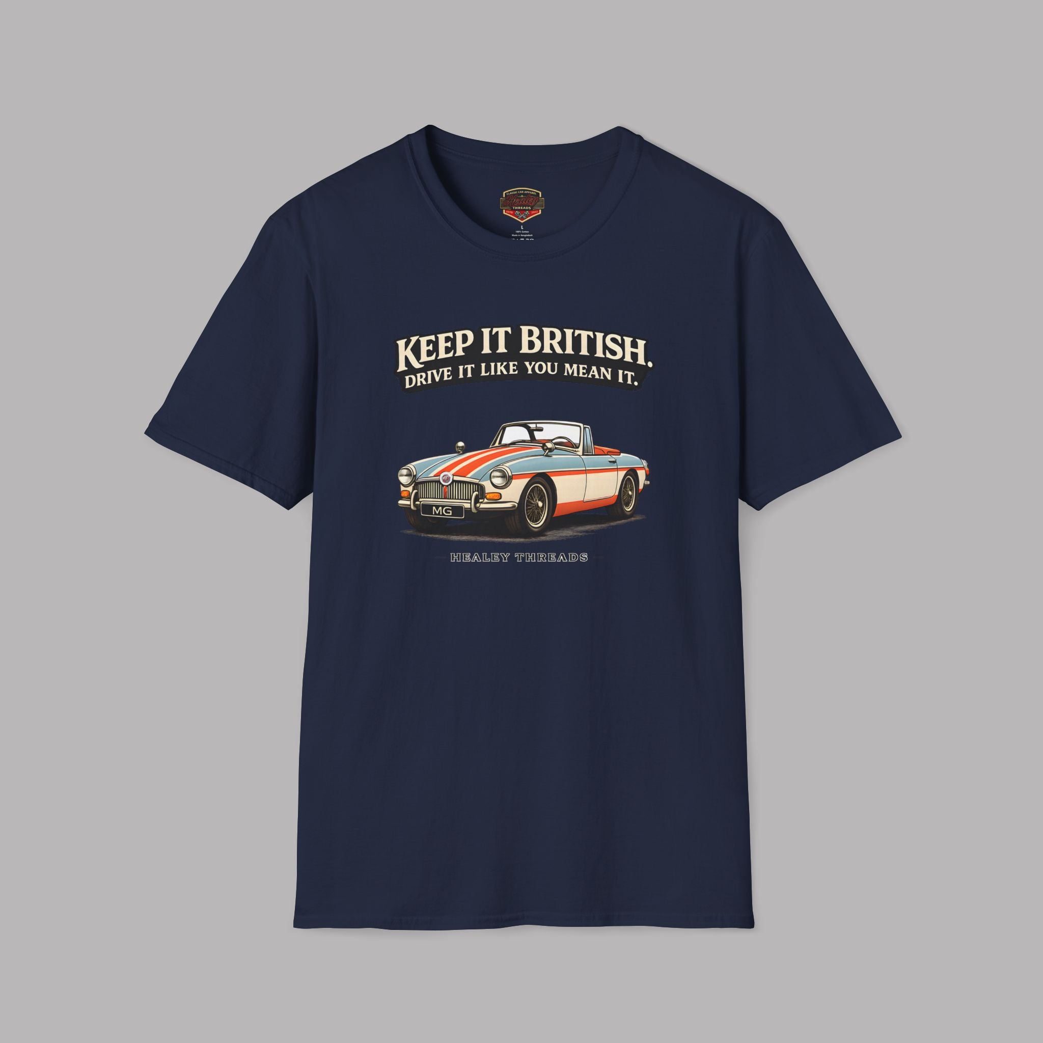 Navy blue t-shirt with a graphic of a classic MGB car and text on a gray background 