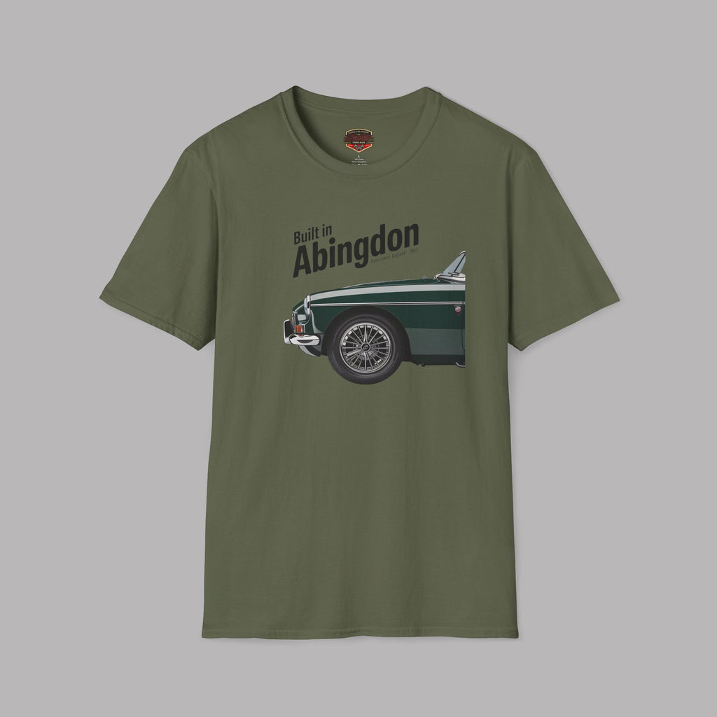Military green t-shirt with a graphic of a classic car and text 'Built in Abingdon' on a gray background