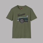 Military green t-shirt with a graphic of a classic car and text 'Built in Abingdon' on a gray background
