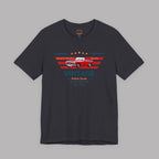 Dark heather t-shirt with vintage car graphic and text on a gray background 