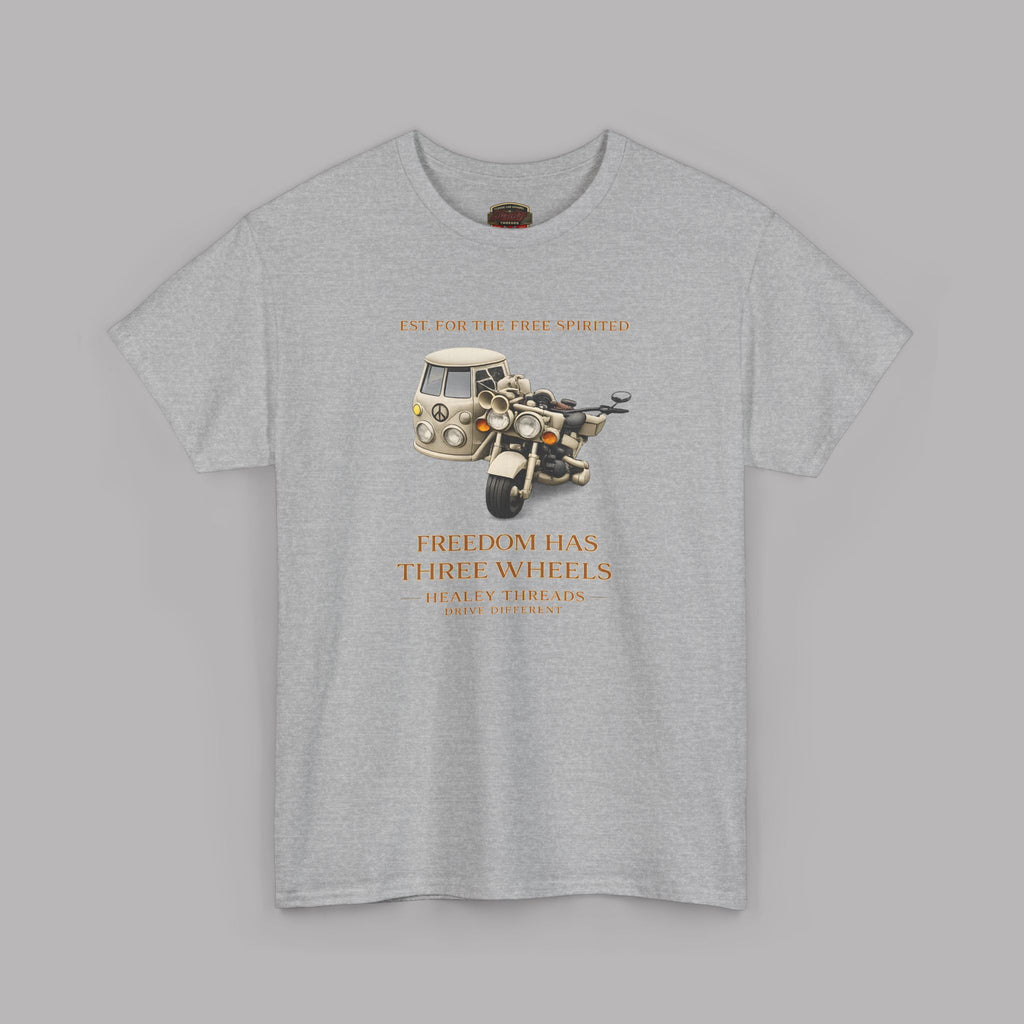 Sport gray t-shirt with a tri bike motorcycle and sidecar graphic on a gray background
