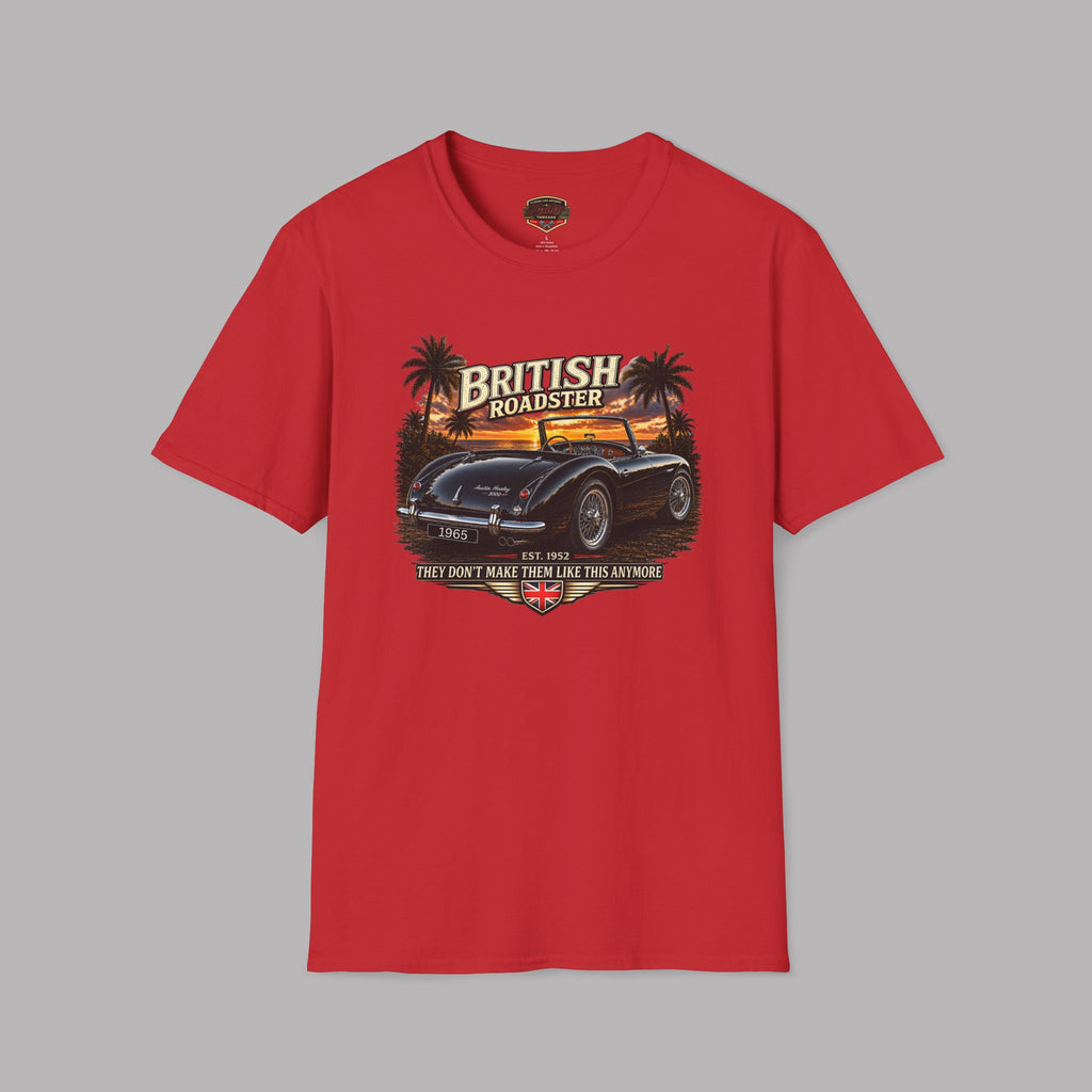 Red t-shirt with a graphic of a classic car and 'British Roadster' text on a gray background