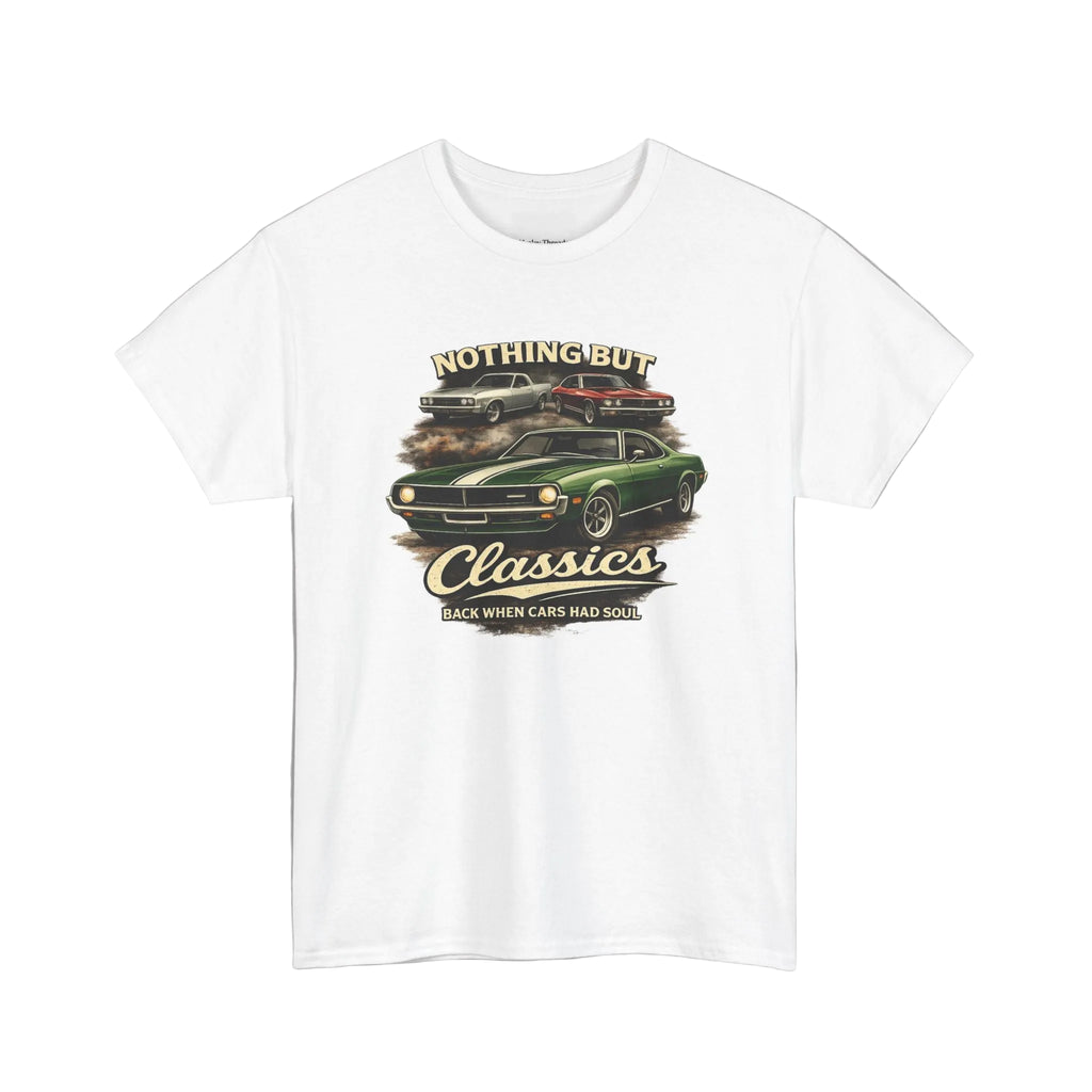 White t-shirt with a graphic of classic cars and text on a white background