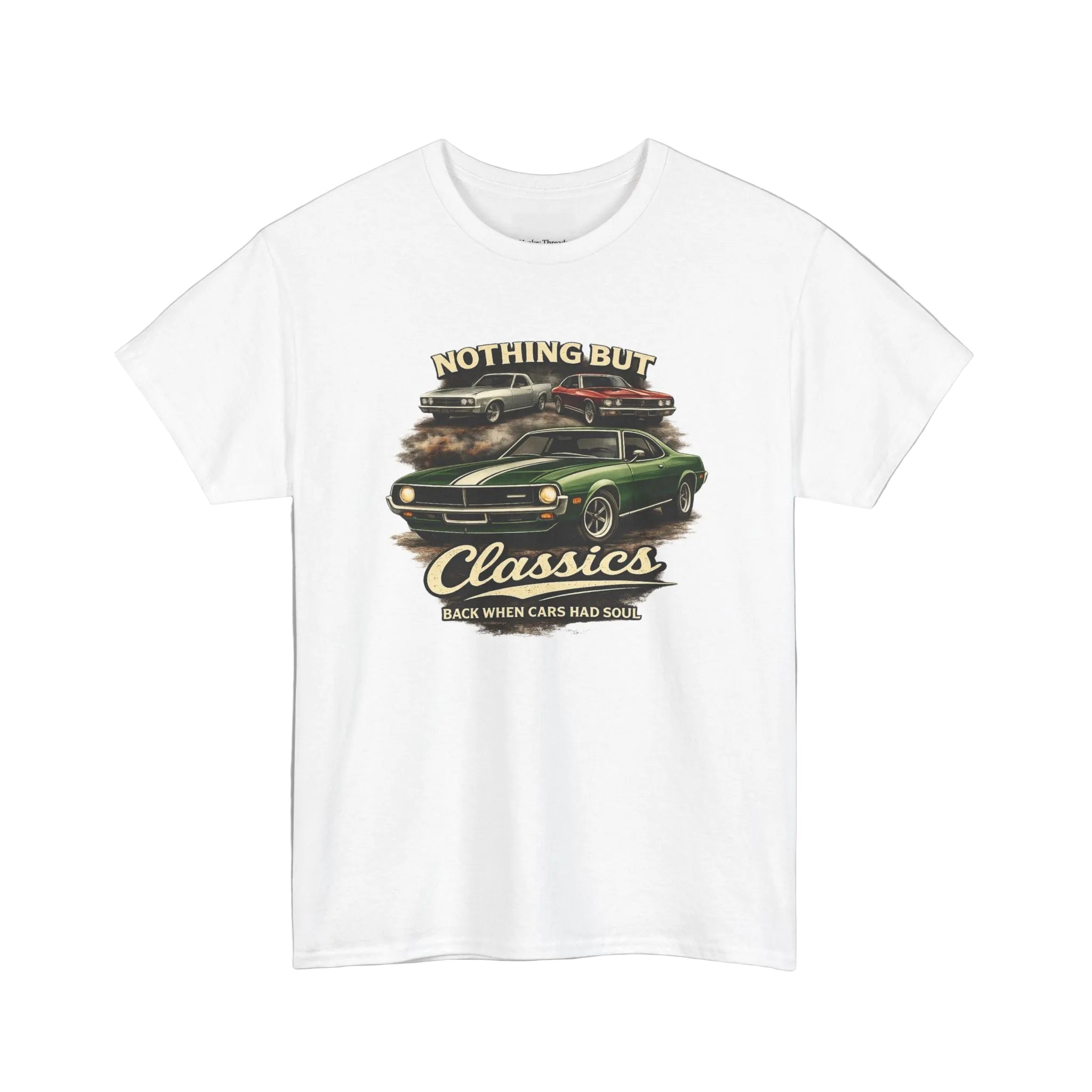 White t-shirt with a graphic of classic cars and text on a white background