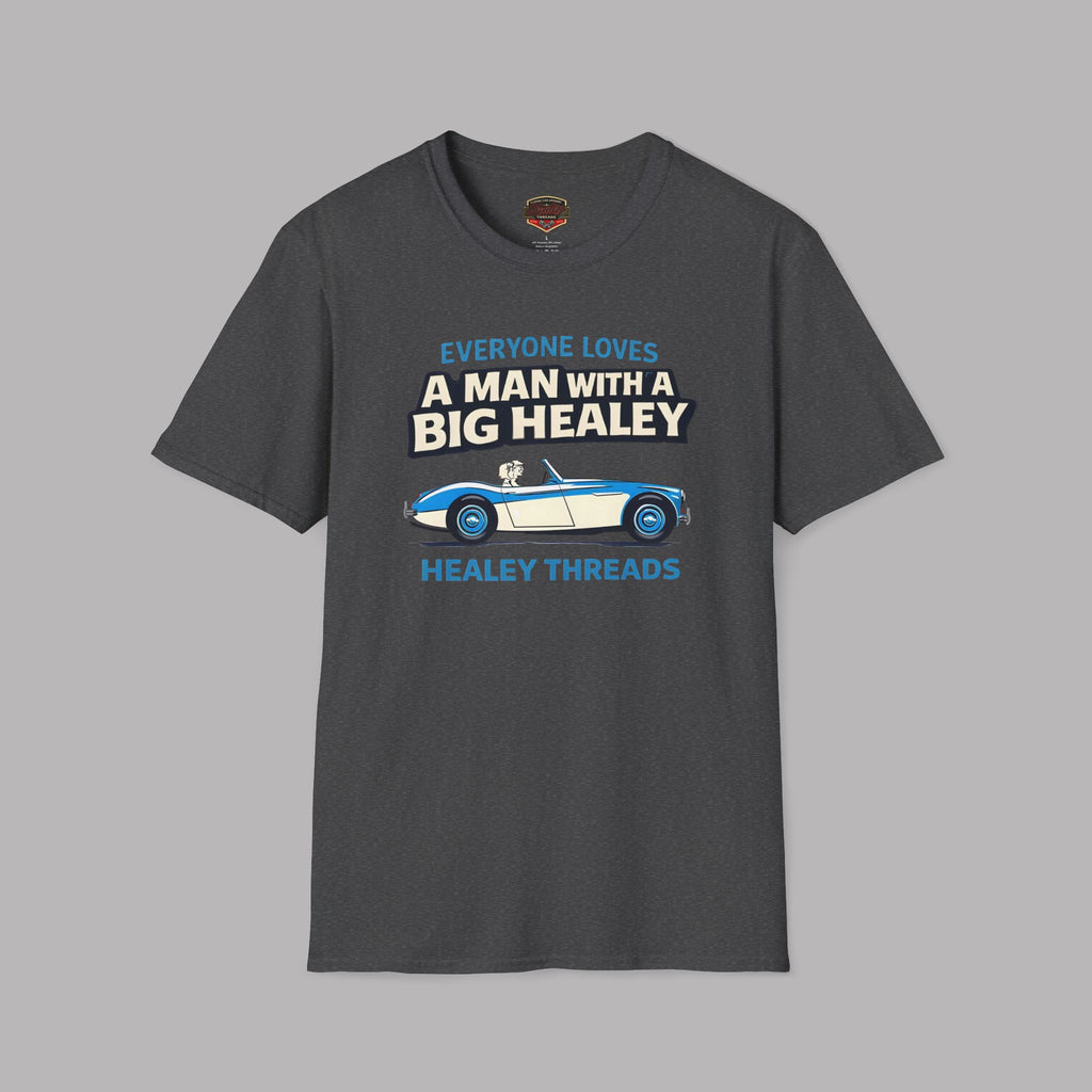 Dark heather t-shirt with a Healey graphic and text on a gray background