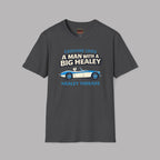 Dark heather t-shirt with a Healey graphic and text on a gray background