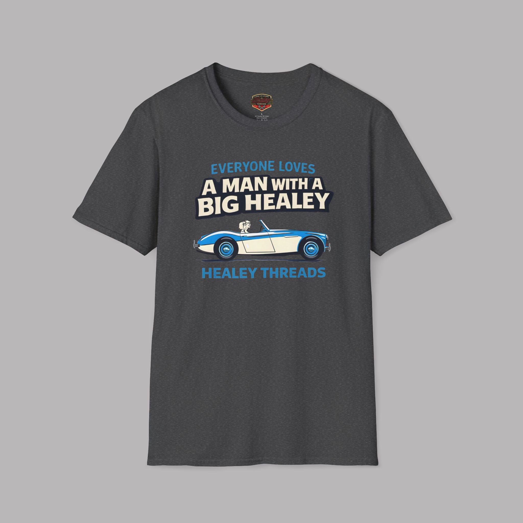 Dark heather t-shirt with a Healey graphic and text on a gray background