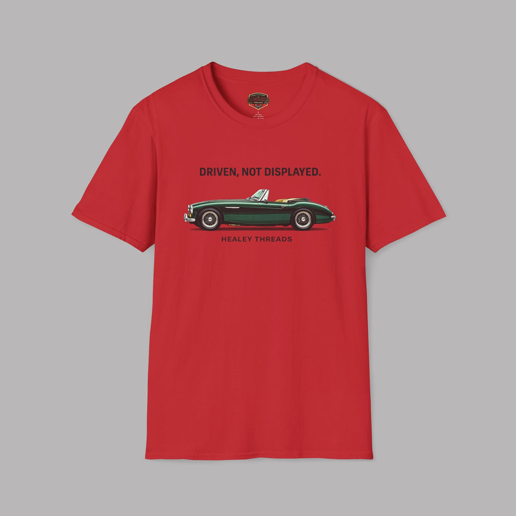 Red t-shirt with a green classic car graphic and text on a gray background