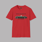 Red t-shirt with a green classic car graphic and text on a gray background