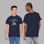 Navy blue t-shirt with lowrider car graphic and text worn by two models on a gray background