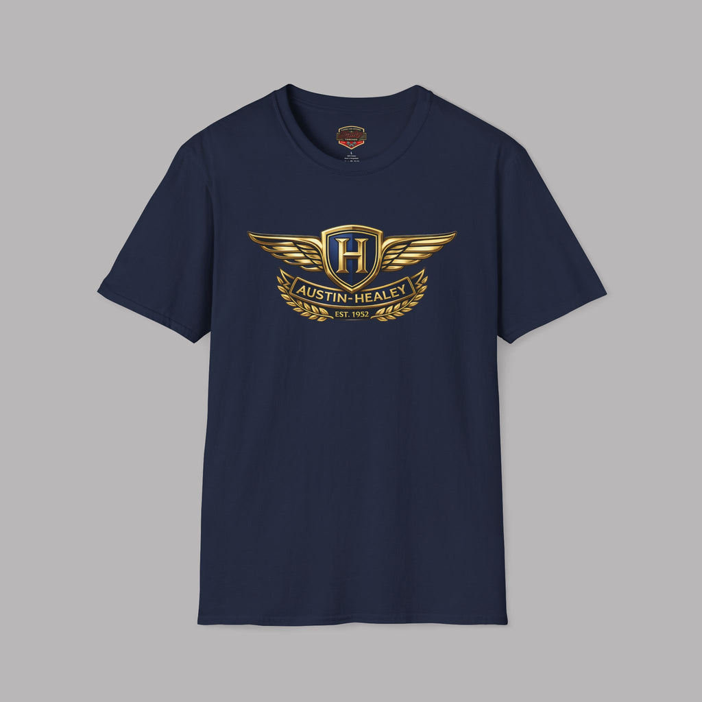 Navy blue t-shirt with Austin-Healey logo on a gray background