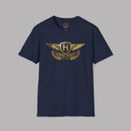 Navy blue t-shirt with Austin-Healey logo on a gray background