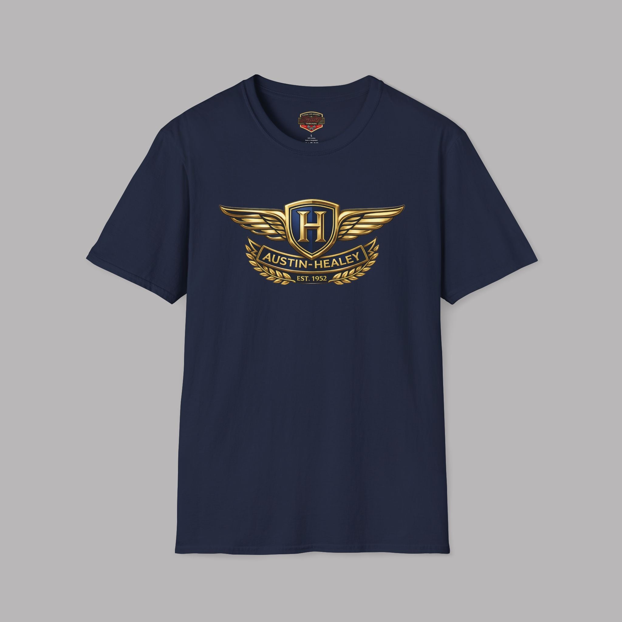 Navy blue t-shirt with Austin-Healey logo on a gray background