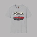 Sport gray t-shirt with a red car graphic and 'No Garage Queens' text on a gray background