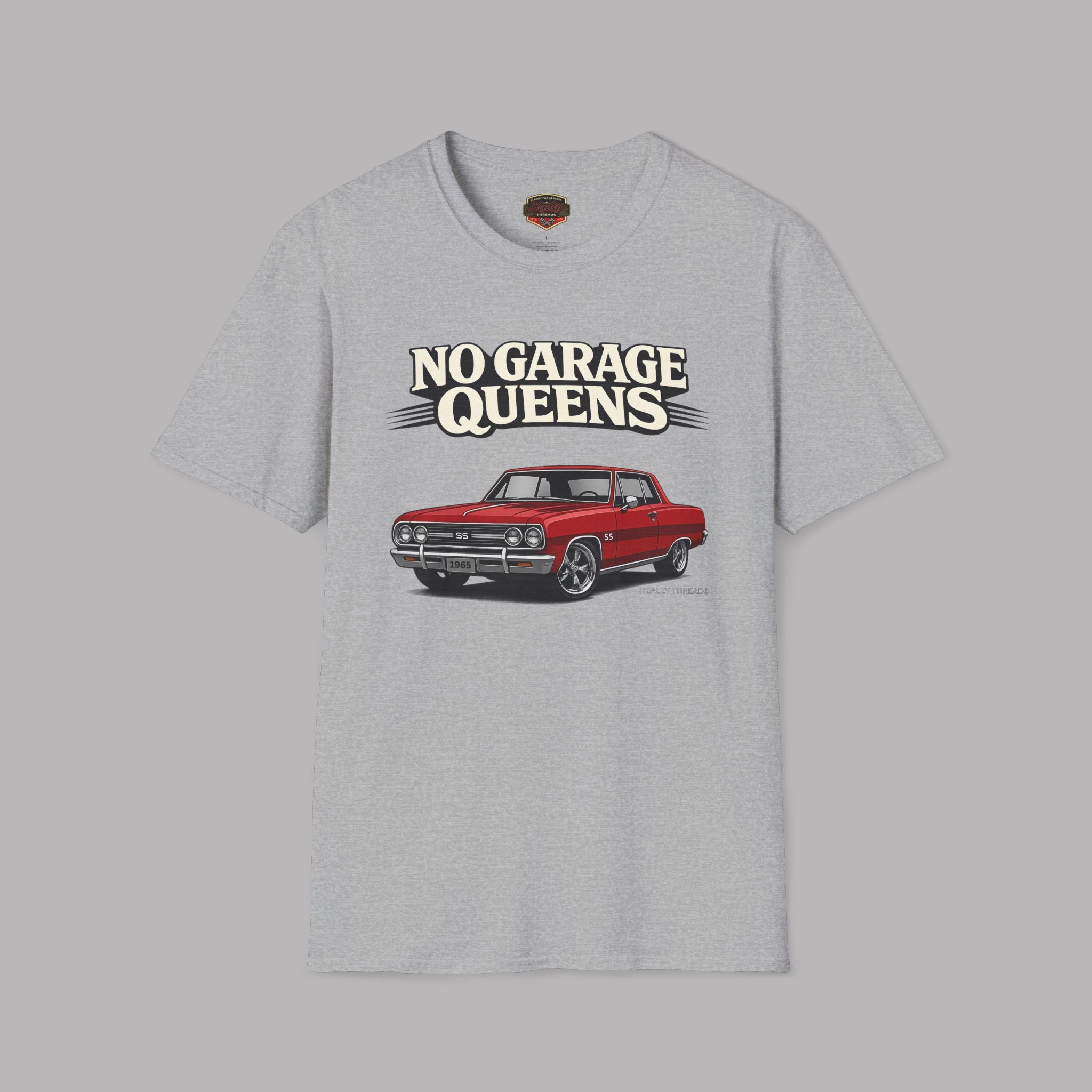 Sport gray t-shirt with a red car graphic and 'No Garage Queens' text on a gray background