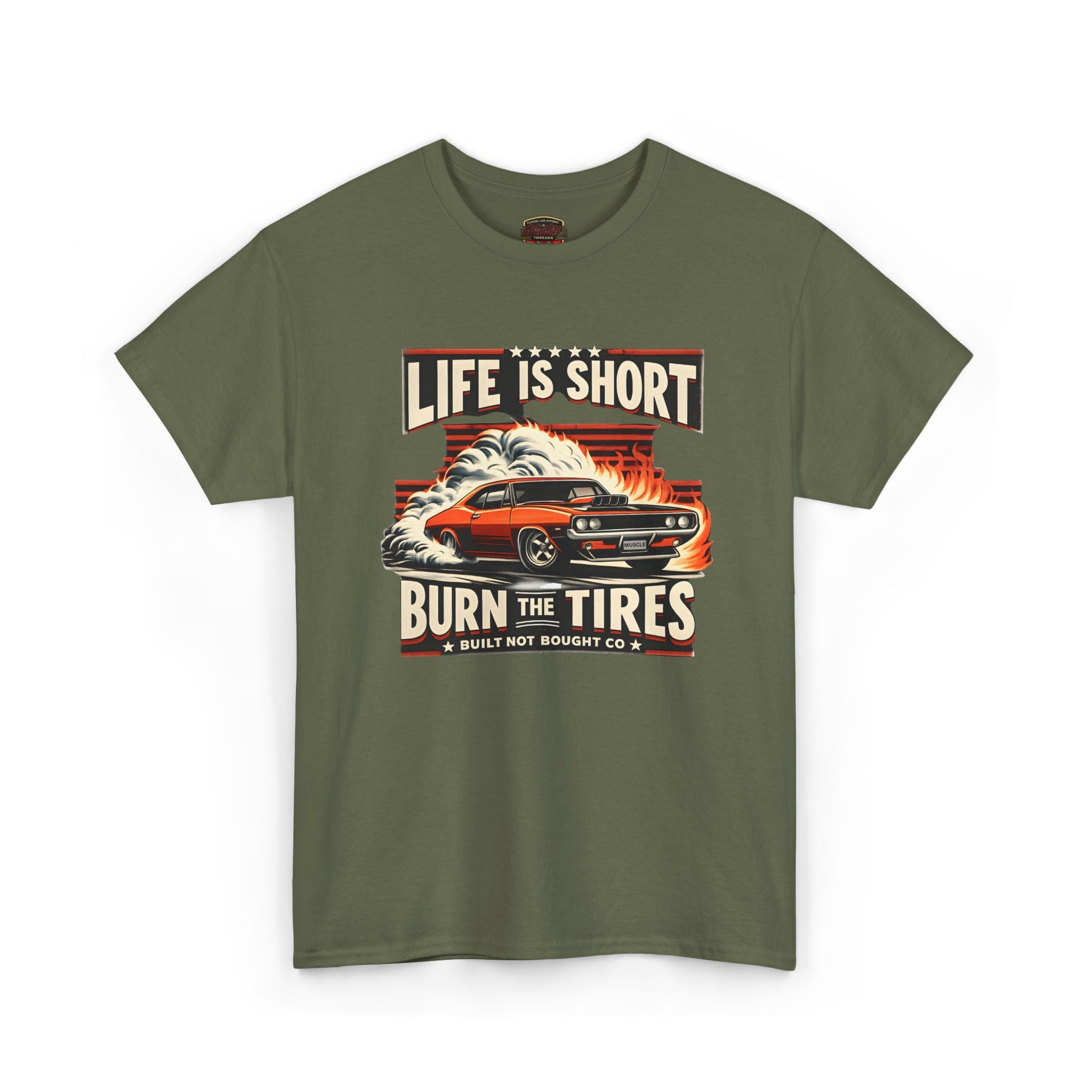 Military green t-shirt with a graphic design of a car and text on a white background