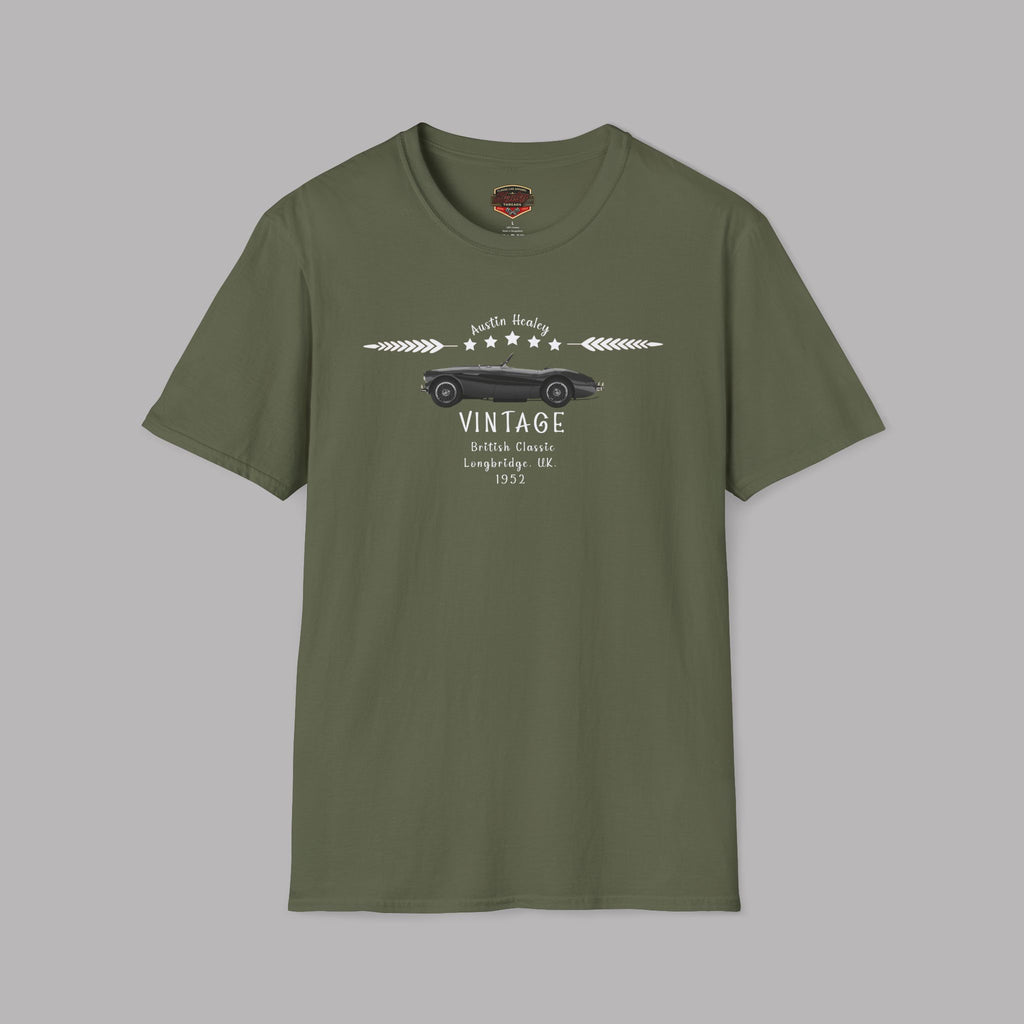 Military green t-shirt with a black Austin Healey graphic design on a gray background