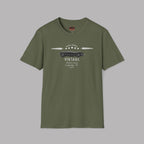 Military green t-shirt with a black Austin Healey graphic design on a gray background