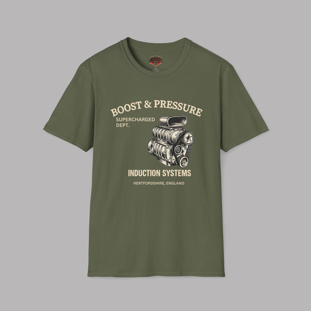 Boost & Pressure Engine T-Shirt — Vintage Car Mechanics Tee