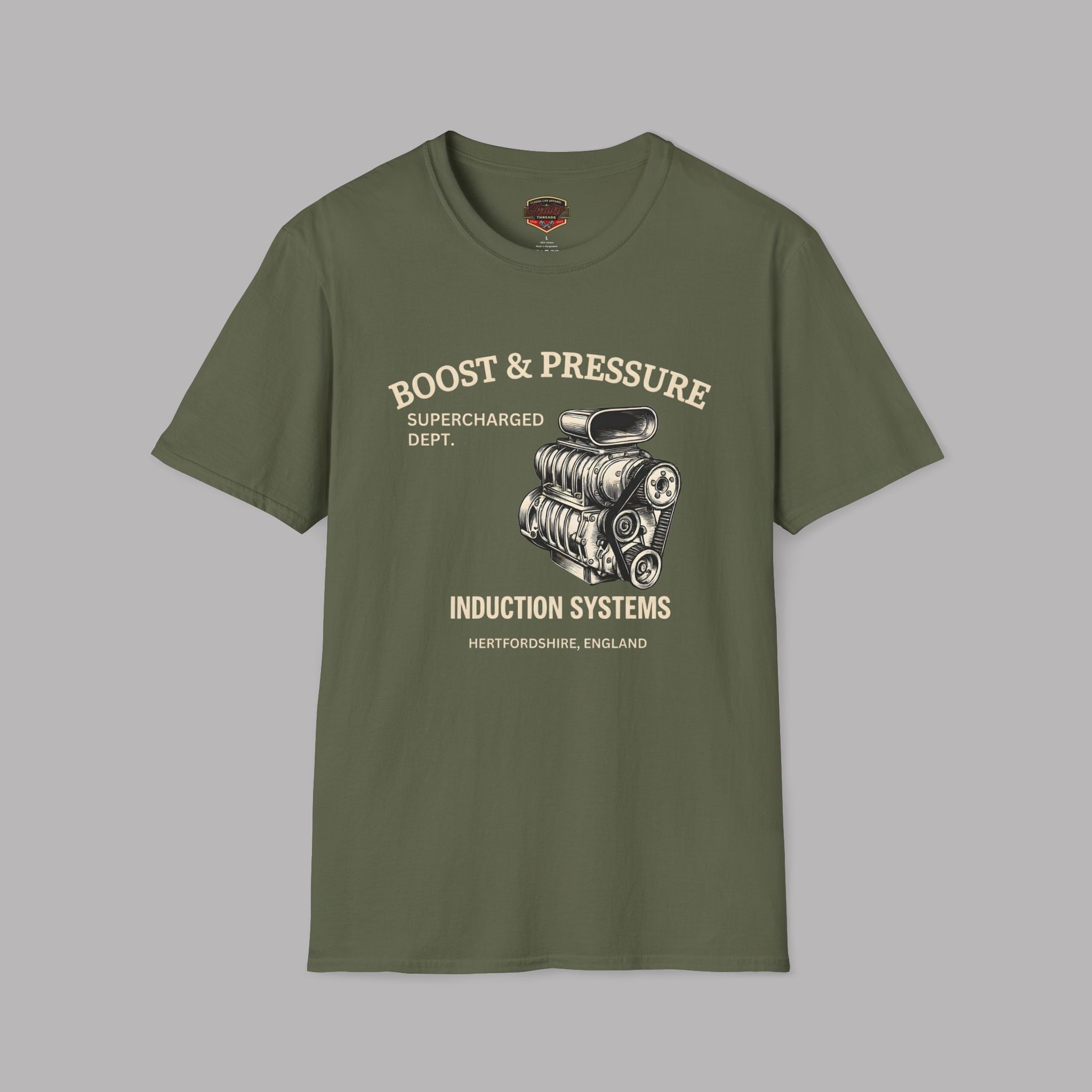 Boost & Pressure Engine T-Shirt — Vintage Car Mechanics Tee