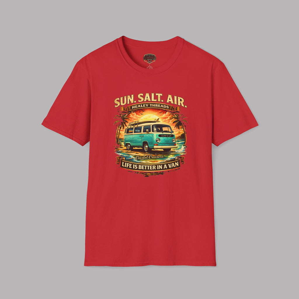 Red t-shirt with a graphic design of a van and text on a gray background