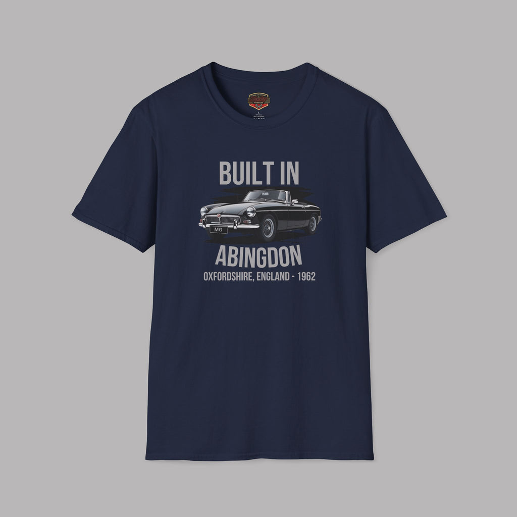 Navy blue t-shirt with a classic car and gray text on a gray background