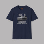 Navy blue t-shirt with a classic car and gray text on a gray background