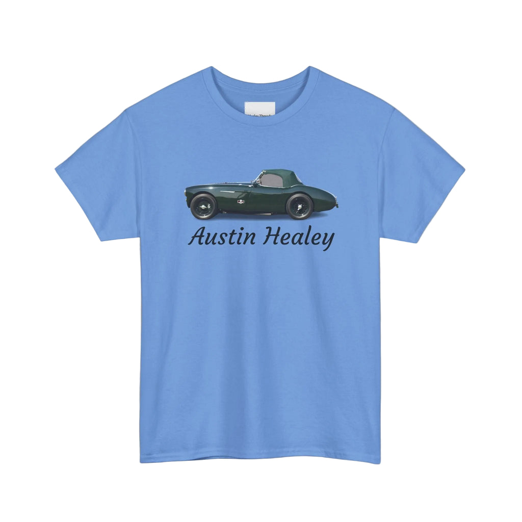 Blue t-shirt with an Austin Healey car design on a white background