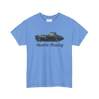 Blue t-shirt with an Austin Healey car design on a white background