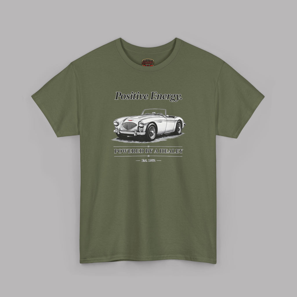 Military green t-shirt with a classic car graphic and text on a gray background