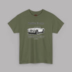 Military green t-shirt with a classic car graphic and text on a gray background