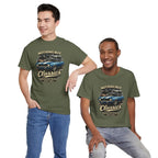 Two guys wearing green t-shirts with a car graphic and text on a white background