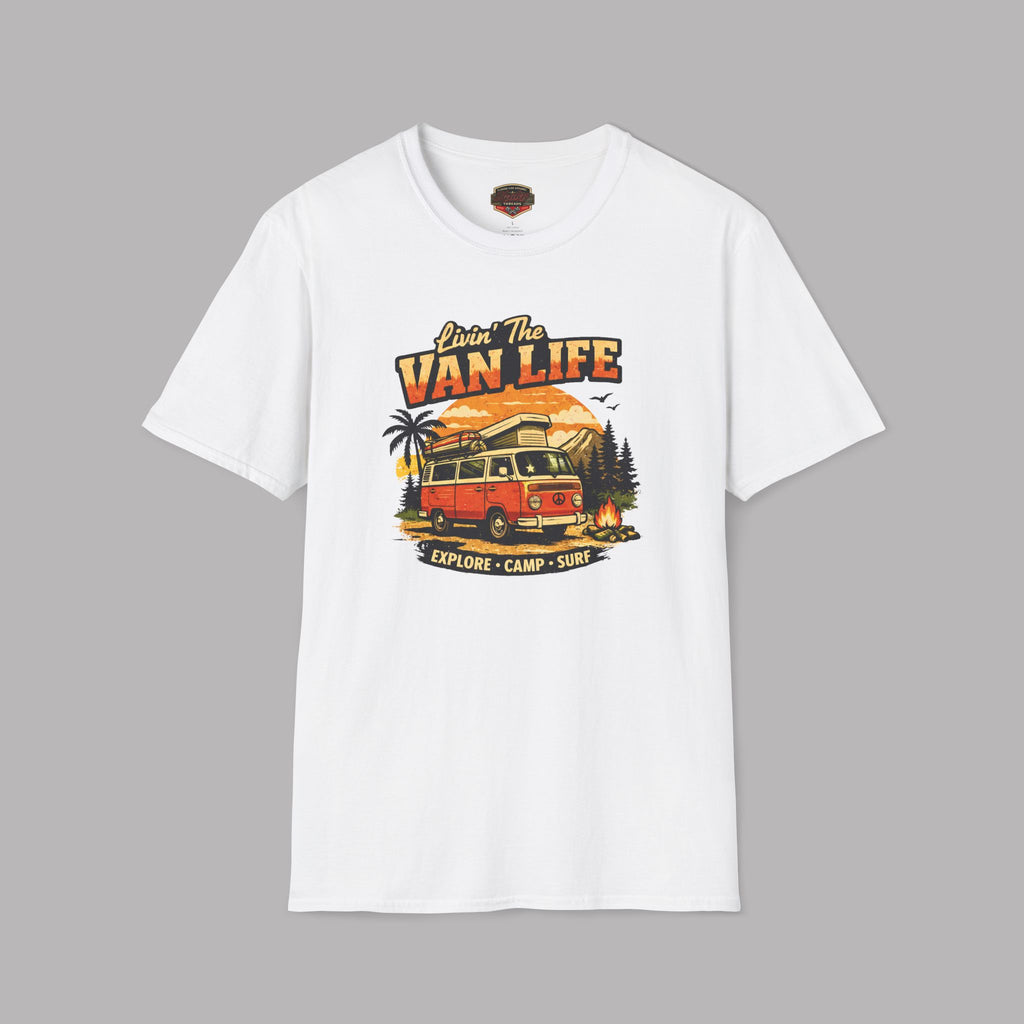 White t-shirt with 'Van Life' graphic design featuring a van, palm trees, and sunset on a gray background.