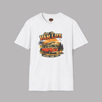 White t-shirt with 'Van Life' graphic design featuring a van, palm trees, and sunset on a gray background.
