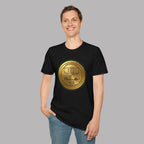 Man wearing a black t-shirt with a gold classic car emblem on a gray background