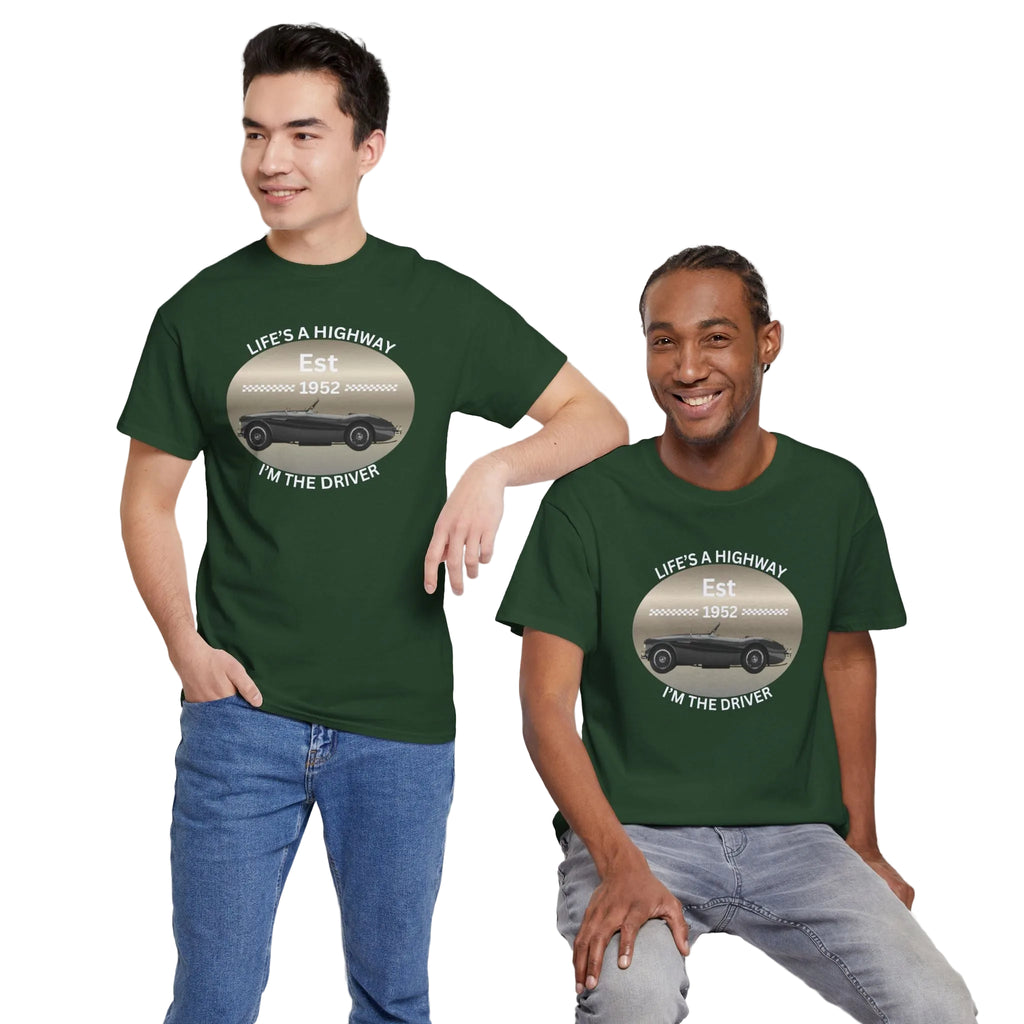 Two guys wearing green t-shirts with a graphic design on a white background