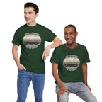 Two guys wearing green t-shirts with a graphic design on a white background