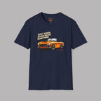 Navy blue t-shirt with orange car graphic and text on a gray background