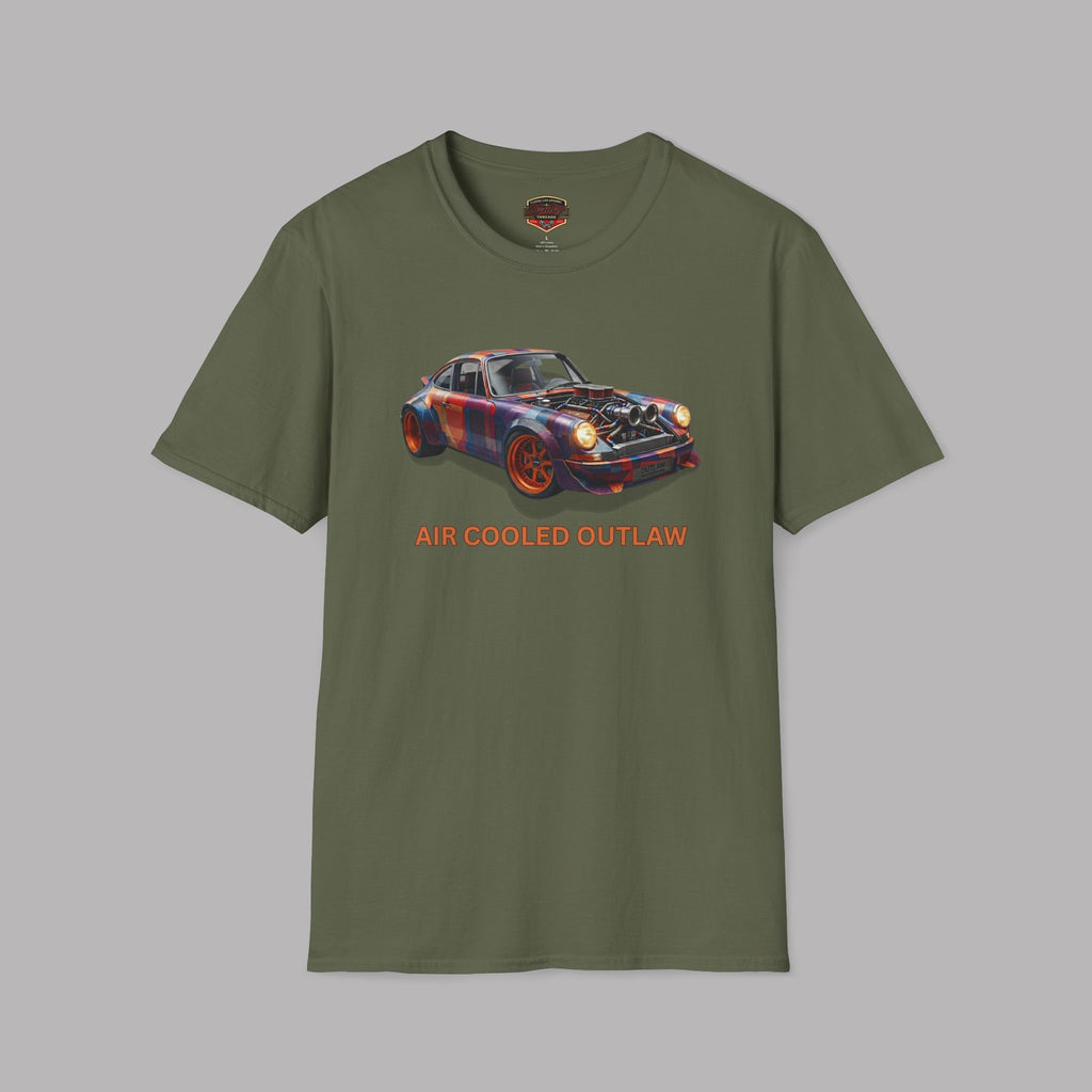 Military green t-shirt with a car graphic and 'AIR COOLED OUTLAW' text on a gray background