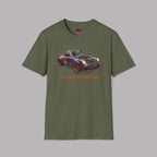 Military green t-shirt with a car graphic and 'AIR COOLED OUTLAW' text on a gray background