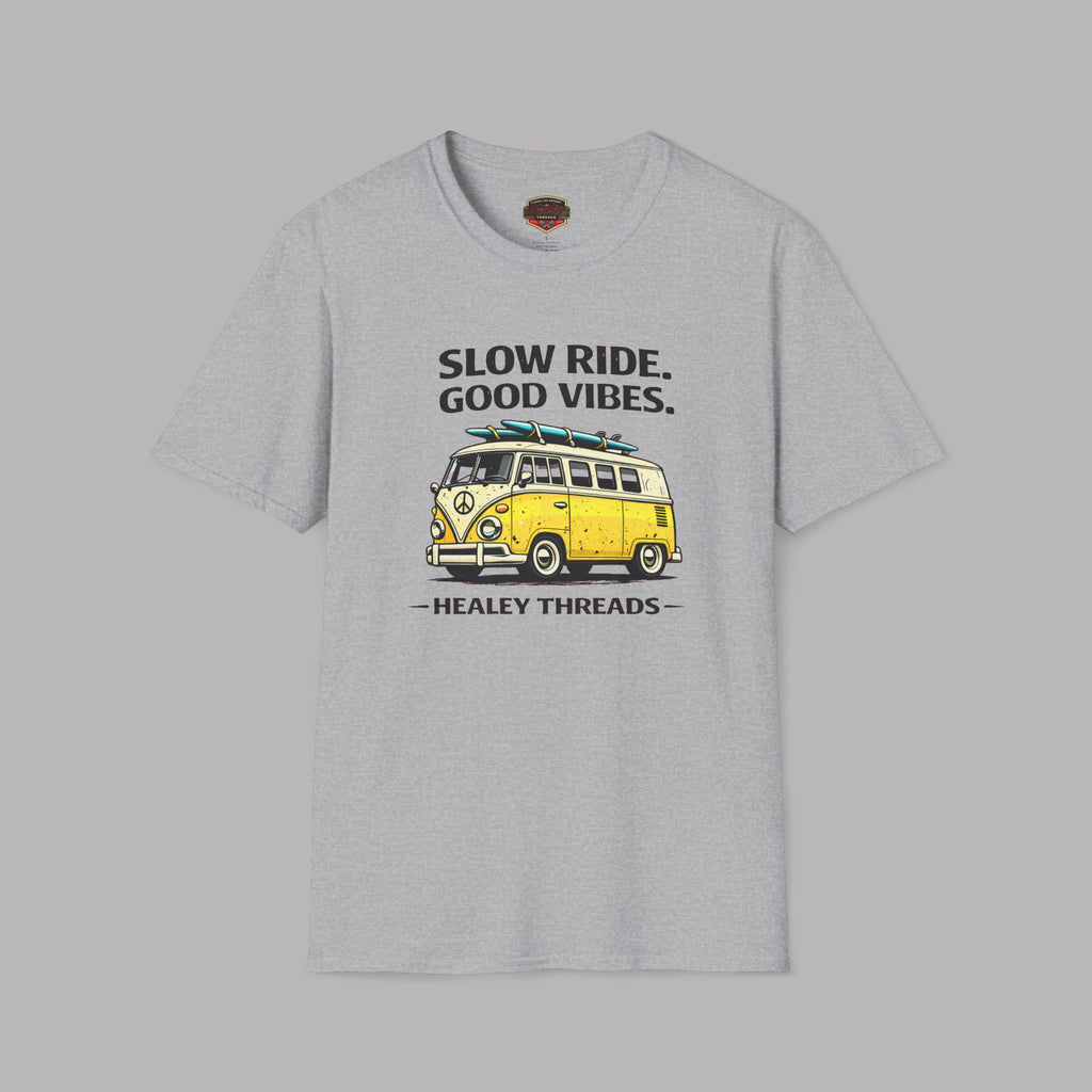 Sport gray t-shirt with a yellow van graphic and text on a gray background