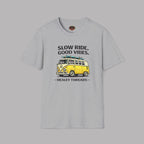 Sport gray t-shirt with a yellow van graphic and text on a gray background